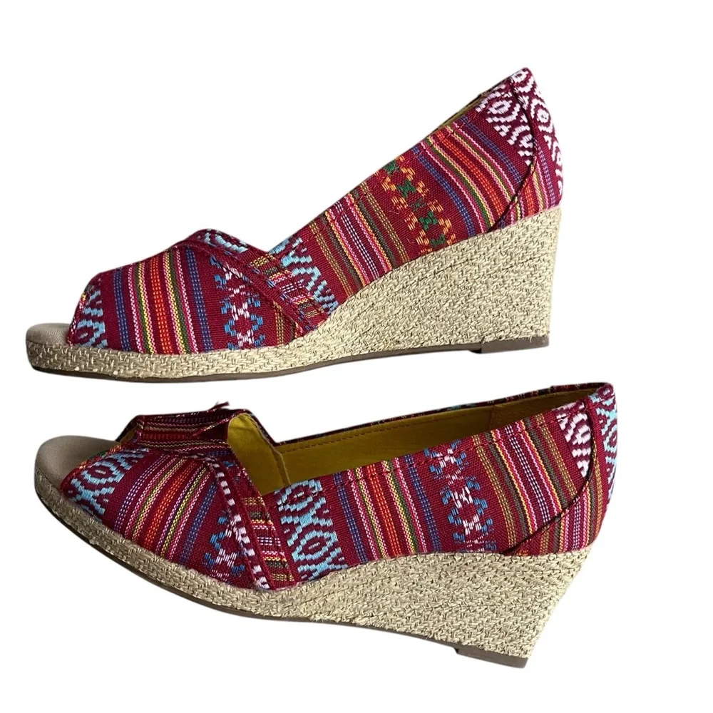 Sonoma Life Style Womens 8.5 M Jenne Red Stripe Aztec Peep Toe Espadrille Wedges